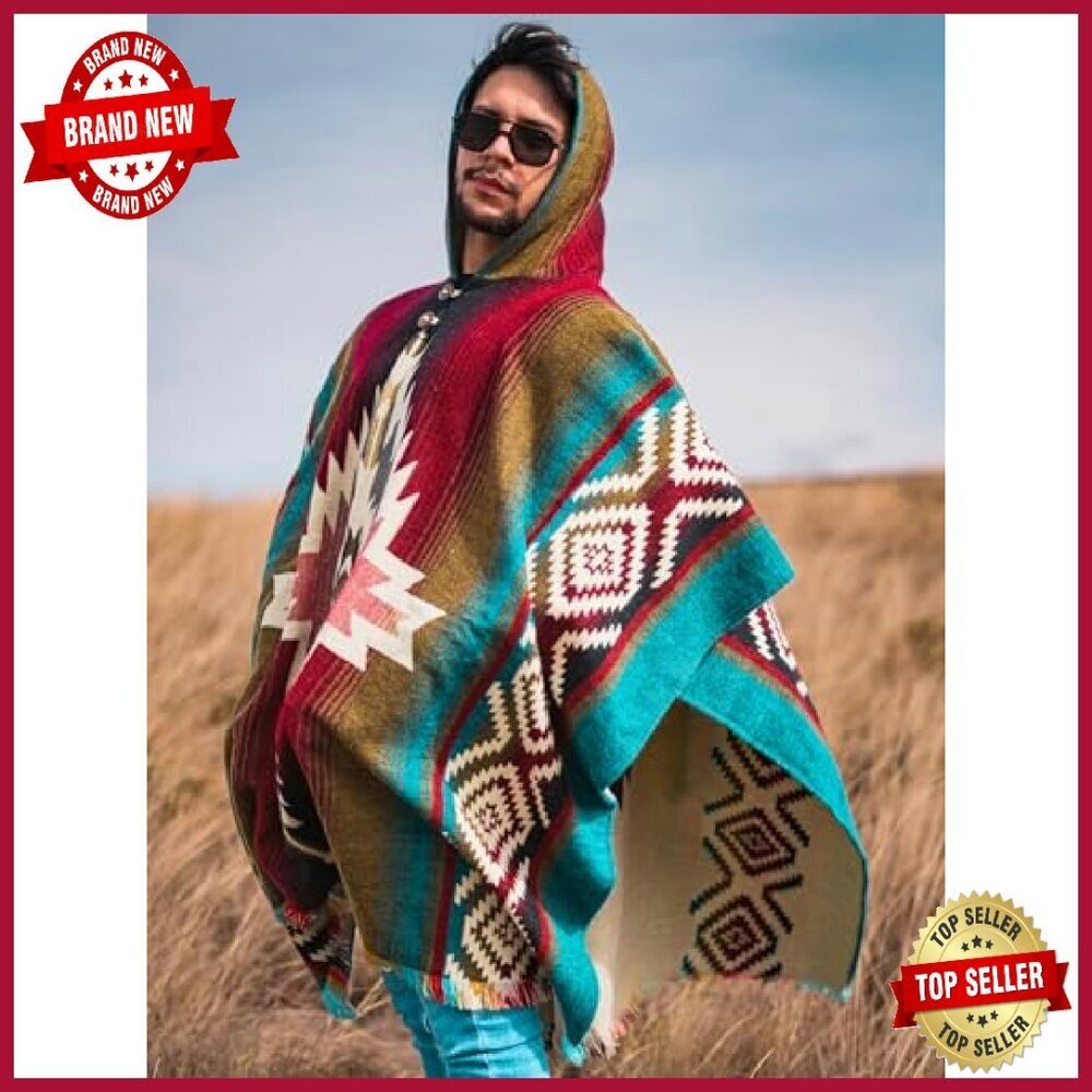 Handmade Alpaca Wool Poncho Hooded Oversized Mens Outerwear - Picture 3 of 8
